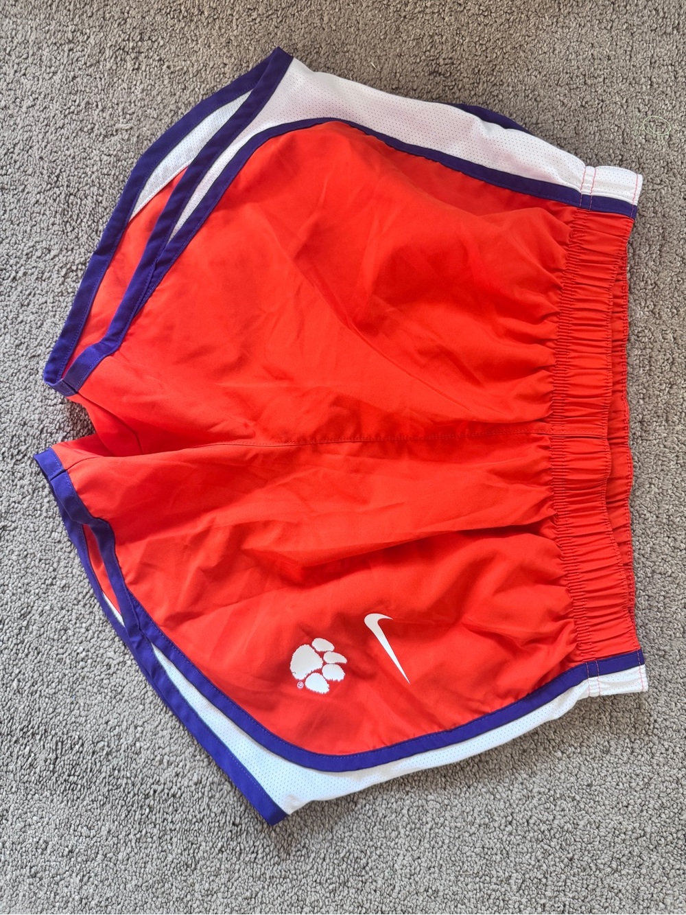 Nike Women’s Orange Clemson paw Athletic Shorts with Purple & White Trim